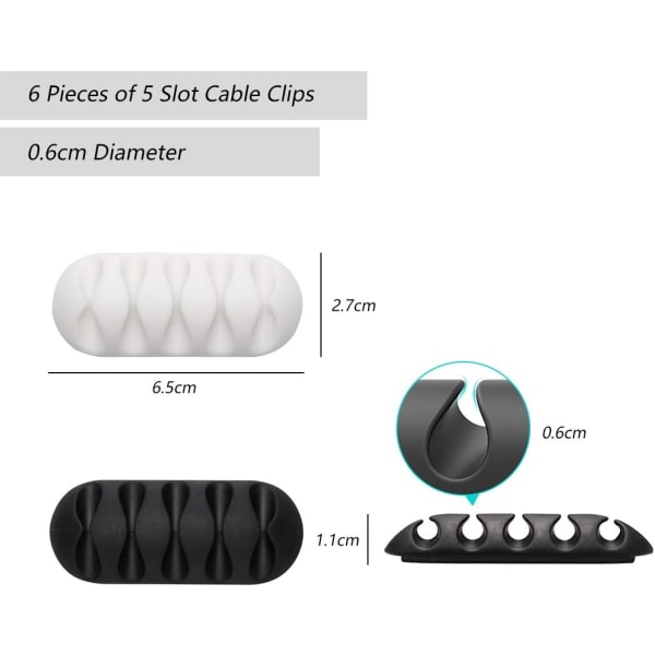6 delar 5-kanals kabelhållare, svart organizer, självhäftande klämmor för power , USB kabel, laddning och ljud, kabeldragning, kontor och