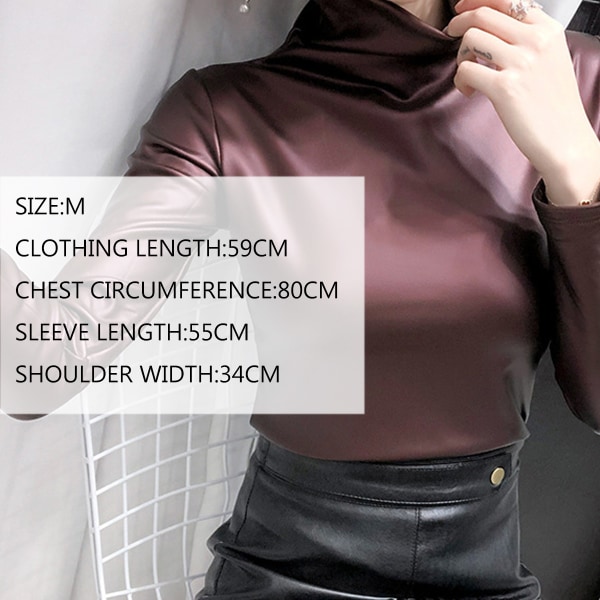 Kvinnors matt mock neck turtleneck långärmad konstläder skjortor blus topp med bälte