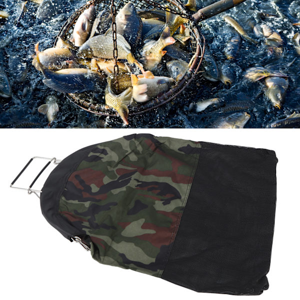 Fiske Nätväska Mesh Väska Rostfritt Stål Fjäder Nylon Kamouflage Fällbar Stor Kapacitet Hållbar Oxford Tyg Enhandsmanövrering för Fiske Dykning