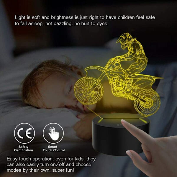 Nattlampa 3D Motocross Lamp, Motorcykel Illusion LED Nattlampa för Barnrum USB Dekoration 7 Färger Ändrar Leksaker Födelsedagspresenter för Fader Pojkar