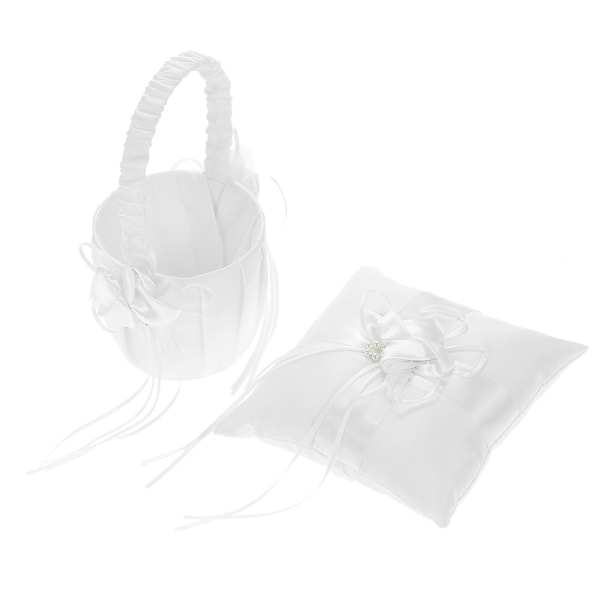 7 * 7 tum Elfenbensvit Satin Blomma Rosett Ringbärare Kudde och Bröllop Blomsterflicka Korg Set