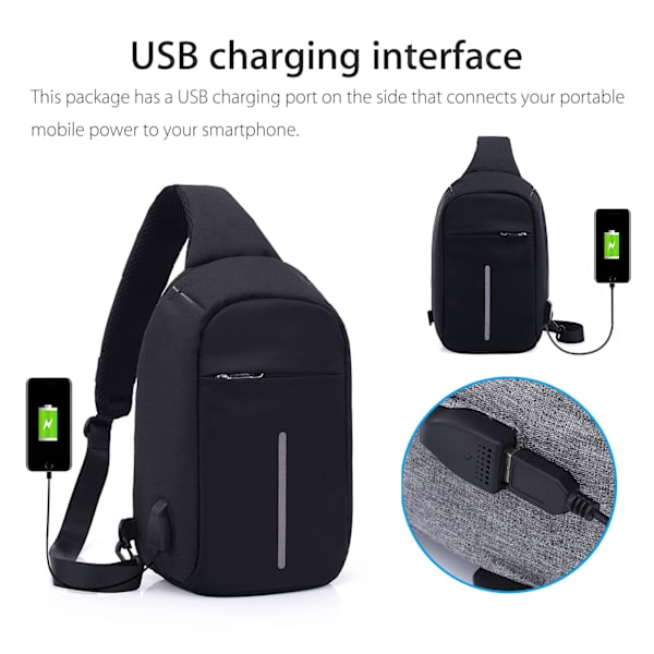 USB-laddning axelväska bröstväska - Svart