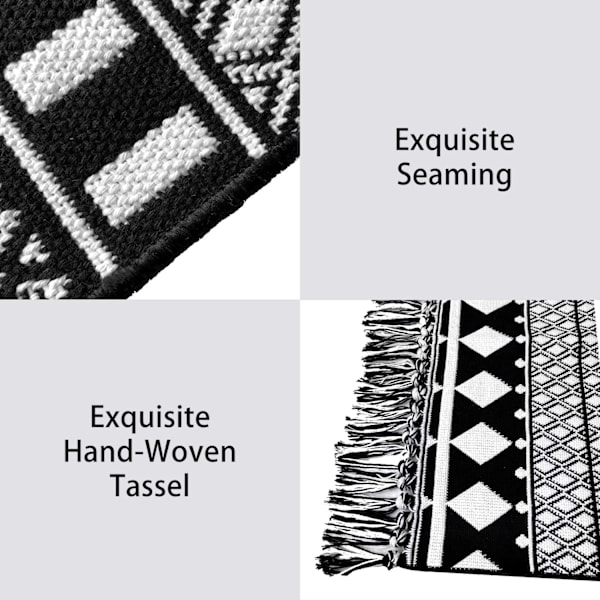 Badrumsmatta med tofs, 2'x3', 100 % vävd svart geometrisk matta Helt vändbar, bomull Maskintvättbar Boho utomhusmatta för kök i sovrummet