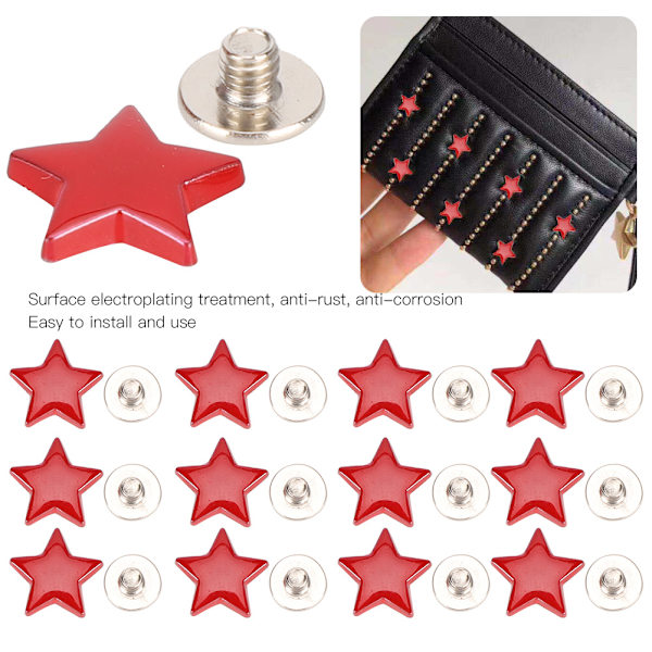 50 Set Stjärn Rivets Stud Skruv Zinklegering Väskor Kläder Skor Bälten DIY Platt Knapp 12mm Röd