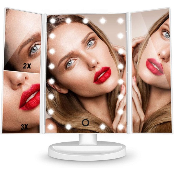 Sminkspegel, 3-sidig sminkspegel Bordsspegel med 21 LED hopfällbar dimbar 180 grader justerbar rotation 1X 2X 3X