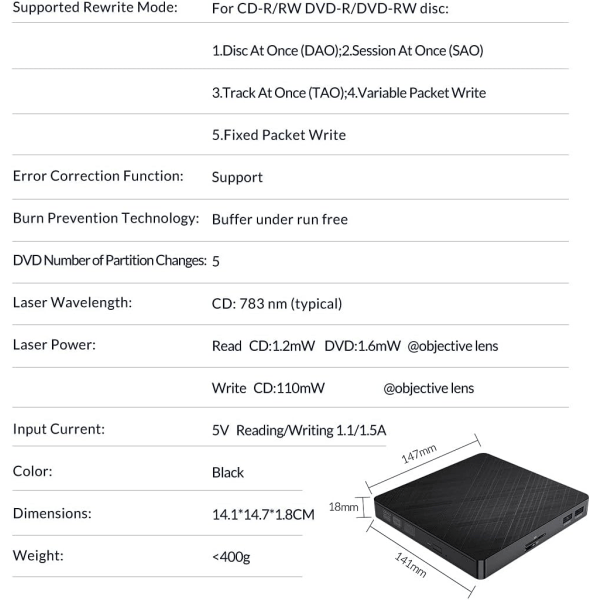 USB 3.0 Extern DVDRW Bärbar +/- RW-enhet DVD/CD ROM-spelare Omskrivare Brännare Kompatibel med bärbar dator/PC för PC/Mac/Linux