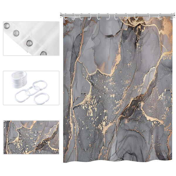 Duschdraperi Grå Guld Marmor 180 x 200 cm, Modern Abstrakt Grå Guld Svart Marmor Look Textur Tvättbar Badrum Duschdraperier Polyester Textil