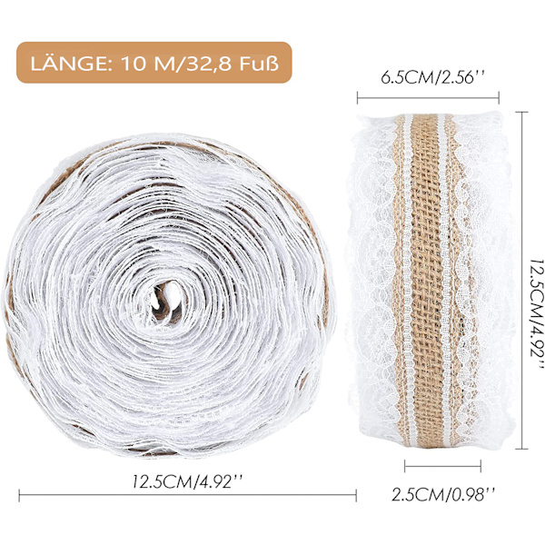 G2PLUS 10 m Juteband med spets, 2,5 cm Juteband dekorativt band, perfekt för att dekorera bröllop, födelsedagar och mycket mer