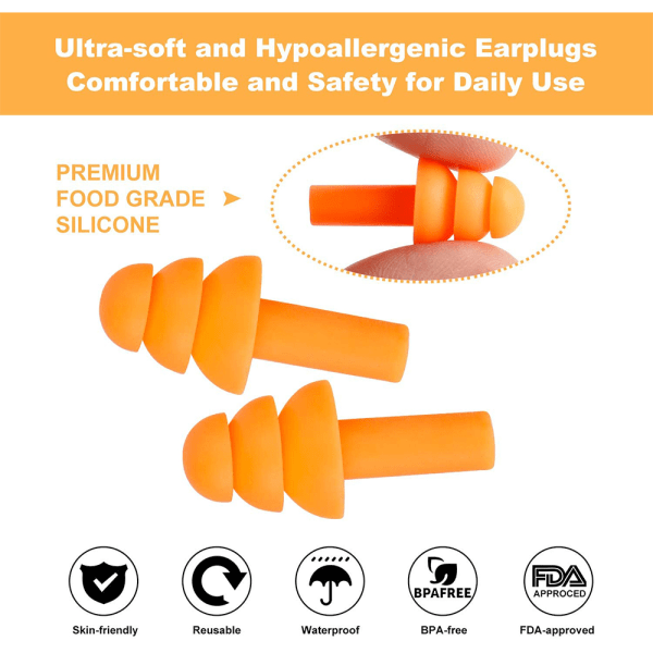 6 par återanvändbara öronproppar i silikon, vattentäta öronproppar med brusreducering, 3 färger med förvaringsväska