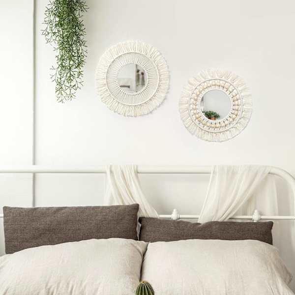 2-pack Macrame väggmonterad spegel med vävd frans Boho rund dekorativ spegel för lägenhet sovrum vardagsrum heminredning vit 2