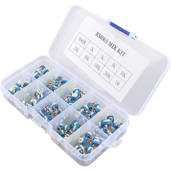 100 stycken 10 värden variabelt motstånd justerbar trimmer potentiometer reostat med plastbox 500 Ohm-1 Mt
