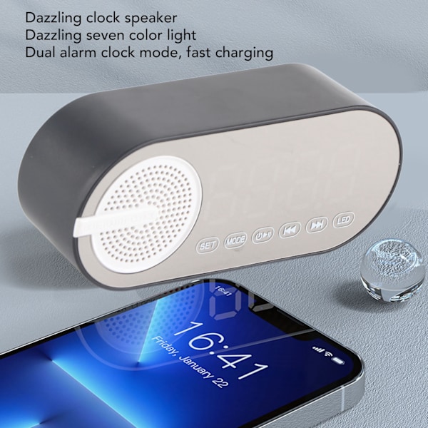 Bluetooth-högtalare med digital väckarklocka, bärbar liten tung bas FM-spegellarmklocka svart
