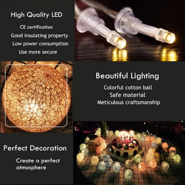 Ljuskedjebollar, LED-ljuskedja 3m 20 bomullsbollar batteri
