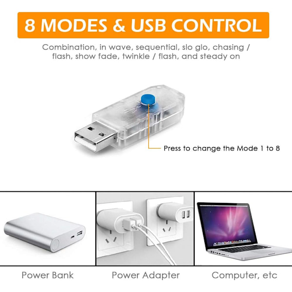 3M LED-ljusslinga, 8 belysningslägen, USB-driven, dekoration för inomhus och utomhus, rum, fönster, bröllop, födelsedag, fest, jul