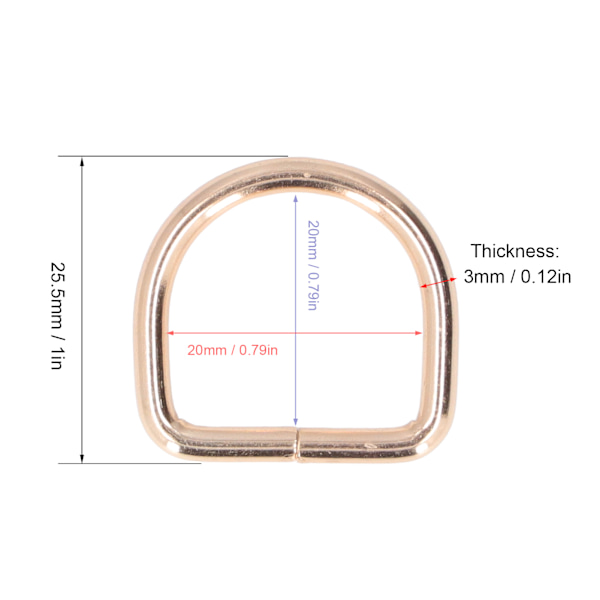 20 st metall D-ringar hållbara järn blekfri färg brett användningsområde utsökta D-ringar för DIY handväska ryggsäck gyllene 3x20x20mm