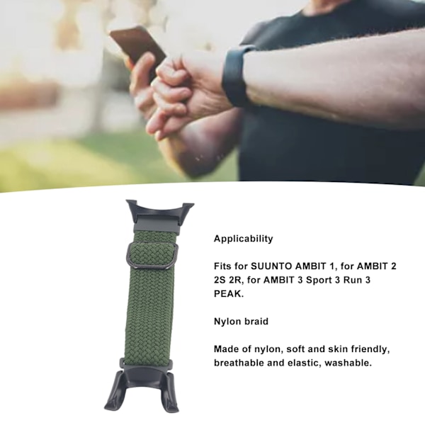 Nylonvävd Klockarmband Justerbart Tvättbart Andningsbart Lättviktigt Nylonflätat Klockarmbandsbyte för Suunto Ambit OD Grön