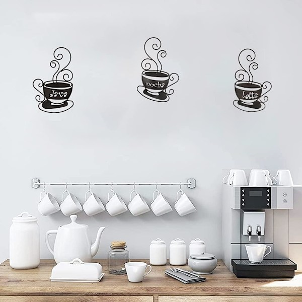 3-delad väggdekoration i metall med kaffekoppar och eleganta bokstäver \"Mocha\", \"Latte\" och \"Java\", väggkonst i metall för kök, kafé, tehus, restaurang