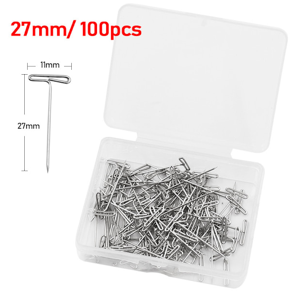 100 st 1 tum nickelpläterade stål T-stift silver T-formade stift för blockering stickning, modellering hantverk och kontor med plastbox.