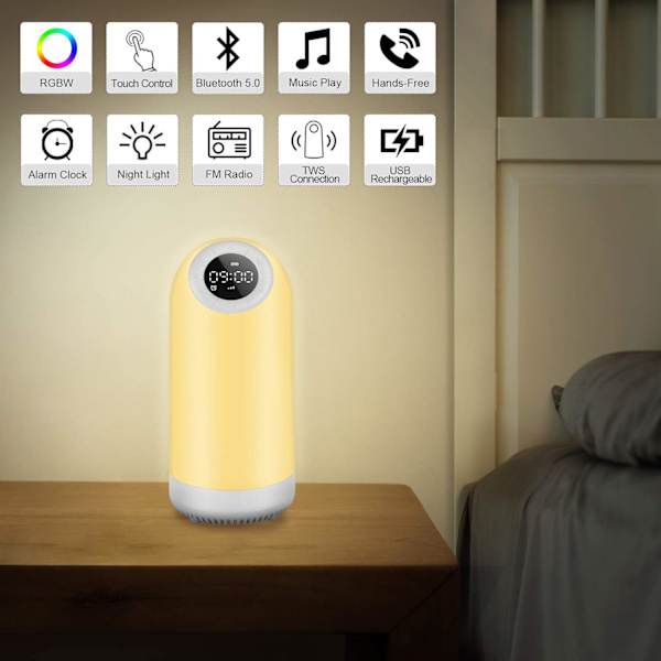 7 i 1 Touch Sänglampa Bluetooth Högtalare Fransk Musik USB Laddningsbar Timming FM-radio Digital Väckarklocka Nattlampa LED Flerfärgad Present