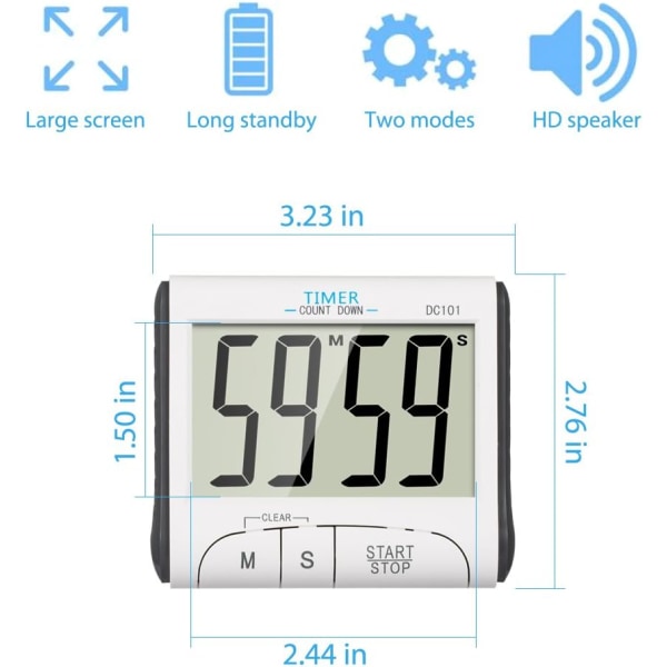 Kök Timer, Elektronisk Magnetisk Digital Kök Timer 24H Digital Kök Timer med Ljudlarm LCD-skärm Nedräkning Magnetisk Hållare - Vit