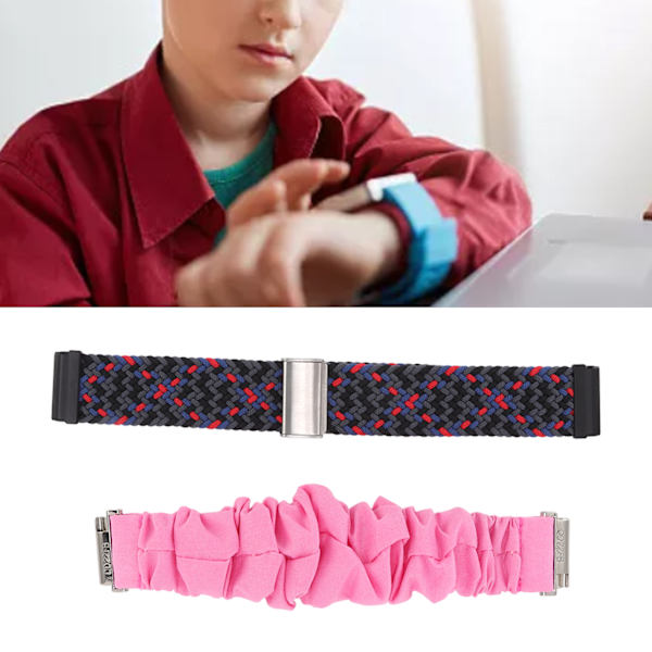 Flätat nylonklockarmband i rostfritt stål med spänne, 4 fjäderstångsersättning, scrunchie-klockarmband för Fitbit Versa