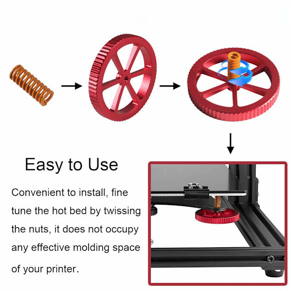 Sats med 4 creality aluminium-utjämningsmuttrar med 4 tryckfjädrar för varm bädd Ender 3/3 Pro, Ender 5/5 Plus / Pro, CR-10, CR10S / 10S Pro, CR 20