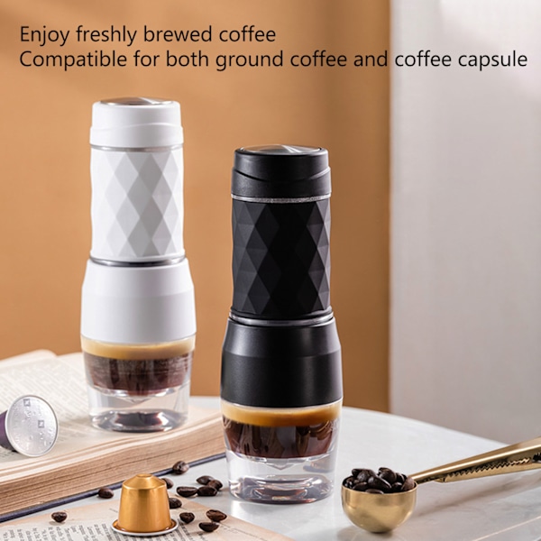 Manuell handkaffebryggare, bärbar resemaskin för kaffe, kompatibel med malet kaffe och kaffekapslar, för utomhusbruk, vit