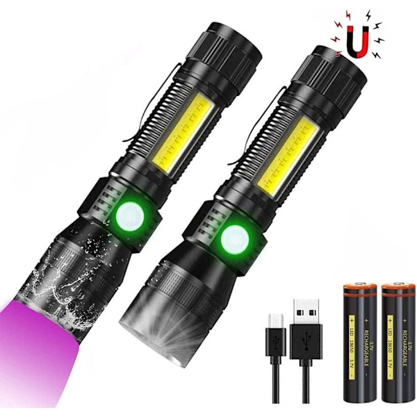 LED-ficklampa med 395nm UV-lampa, iToncs 3000mAh USB-magnet COB vattentät ficklampa, zoom taktiska ficklampor uppladdningsbar svart ljuslampa detektor för