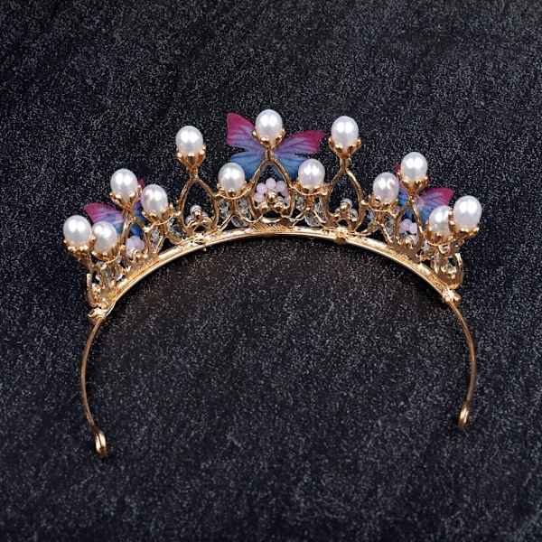 Tiara för flickor, Elegant fjärilsprinsesskrona med guldpärldiadem för dekoration vid speciella tillfällen, Strasshårprydnad passar 4-10 år gamla