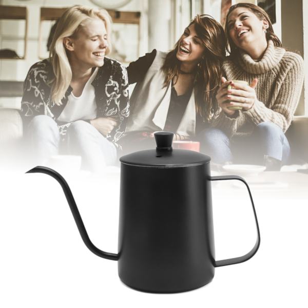Häll över kaffekanna Lång smal pip 304 Rostfritt stål Svanhals Häll över handdropp Te Kaffe Kanna 600ML Svart med lock