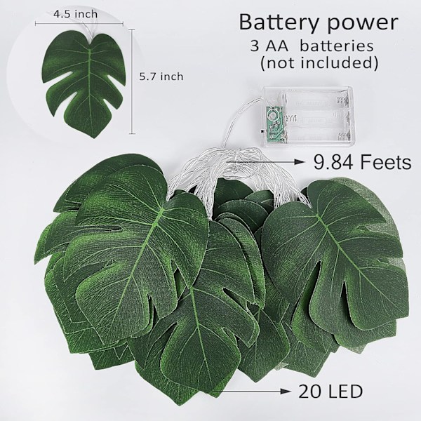 20 LED Monstera Blad Ljusslingor, Tropiska Konstgjorda Rottingpalmblad Vägg Hängande Vinblad, Sommardekoration för Utomhus Inomhus Hawaiian Luau