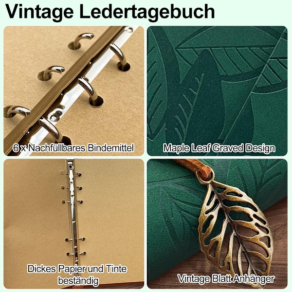Joy & Inspiration PU Läder Anteckningsbok Vintage Påfyllningsbar Bunden Vacker Resedagbok Dagbok Ringpärm Skissbok Vintage Anteckningsbok (A5 Grön,