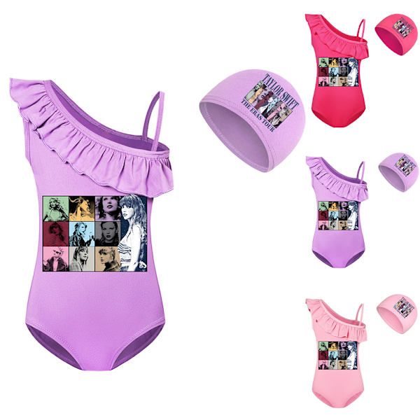 Barn Flickor Ruffle One Piece Bikini Badkläder Baddräkt Strandkläder med cap Rose Red 140cm