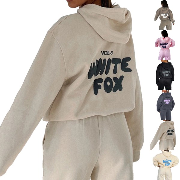 Vit Fox Print Huvtröja Hooded Trainingsuit Set Sweatshirt Träningsbyxor Dam Sport Khaki blue 2XL