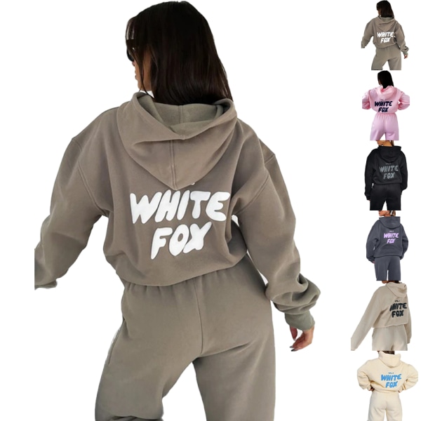 Vit Fox Print Huvtröja Hooded Trainingsuit Set Sweatshirt Träningsbyxor Dam Sport Black S
