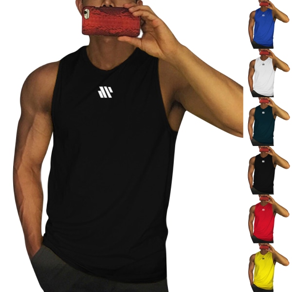 Ärmlös muskeltröja för män, fukttransporterande och luktskyddande rundhalsad fitness-topp Black 3XL