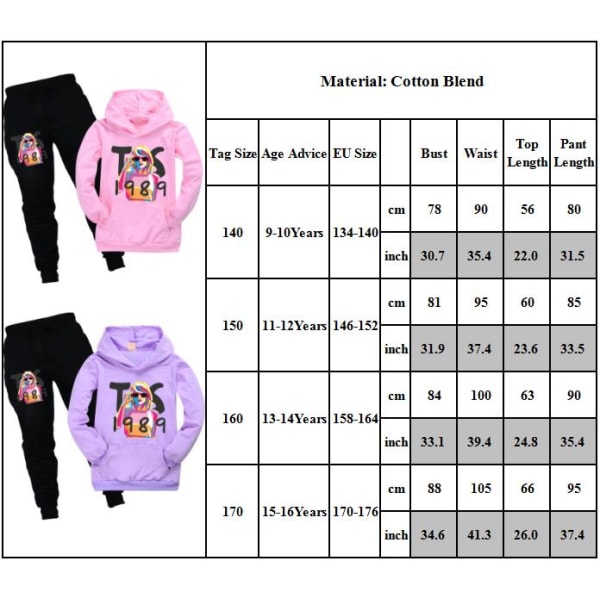 Taylor Swift 1989 Tryckt Tröja med Huva och Joggingbyxor Set Barn Flickor Sweatshirt Träningsdräkter Outfits Pink 170cm