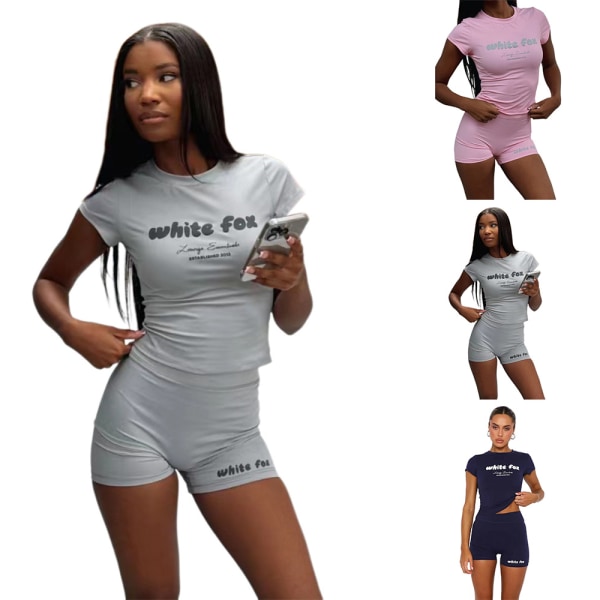 Kvinnor 2 Delar Hög Midja Yoga Sport T-shirt Shorts Träningsoveraller Atletiska Kläder Gymkläder Light grey S