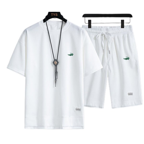 Herrträningsset Kortärmad T-shirt + Shorts Sommar Sportkläder 2 st/set Sportkläder White M
