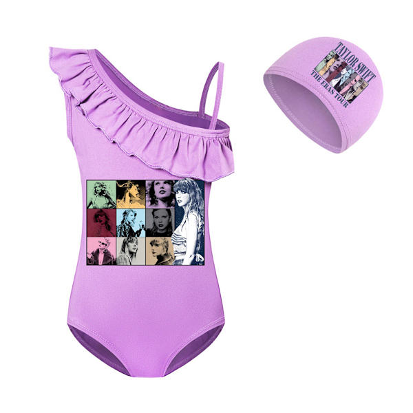 Barn Flickor Ruffle One Piece Bikini Badkläder Baddräkt Strandkläder med cap Purple 140cm