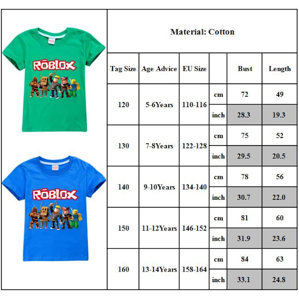 Roblox Pojkar T-shirt Tecknade Toppar Tee Barn Pojkar Flickor T-shirts Barnkläder Sommar Kortärmad Green 130cm
