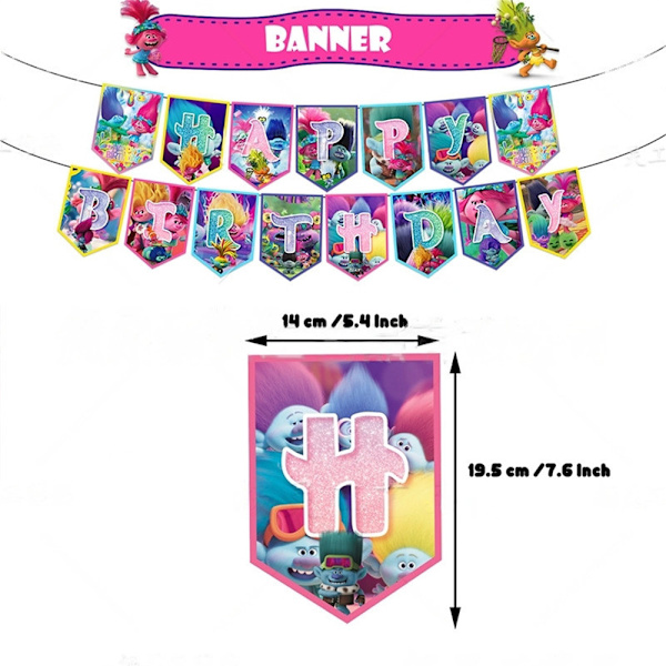 Troll karaktär Födelsedagsfest dekorationer Banner + Toppers + Ballonger Set