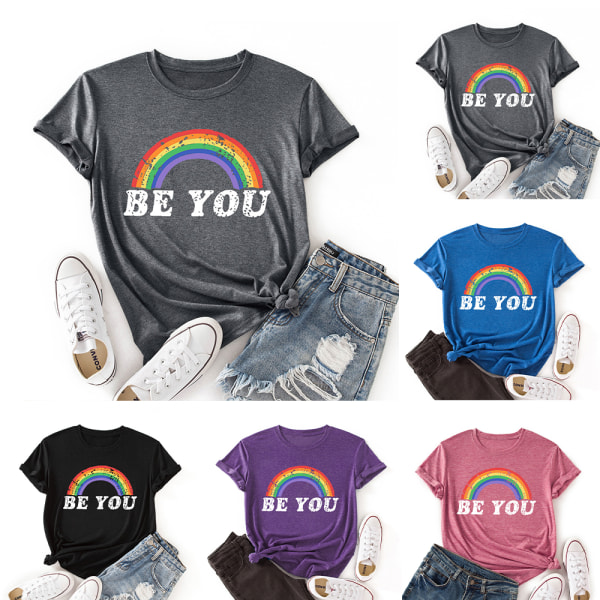 Pride T-shirt Dam Rainbow Be You Printed Short Sleeve Summer Top Gray L