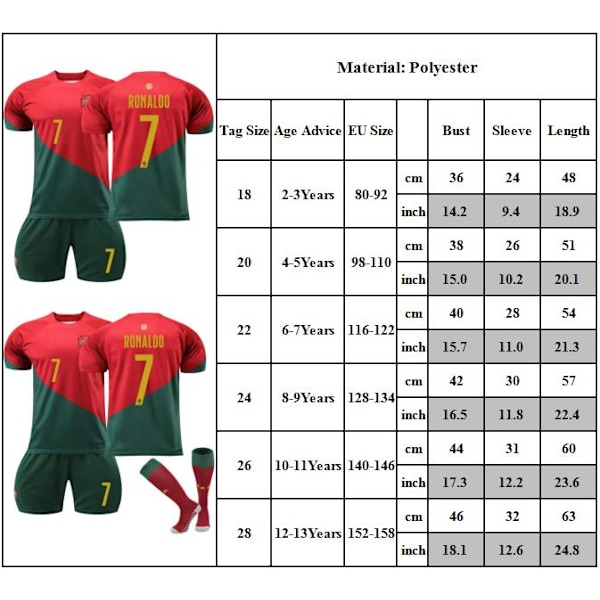22-23 Portugal VM Tröja Barn Fotbollströja Kit Sportkläder #7 RONALDO Fotbollsdräkter Fotbollslag Tröja Med Strumpor 18