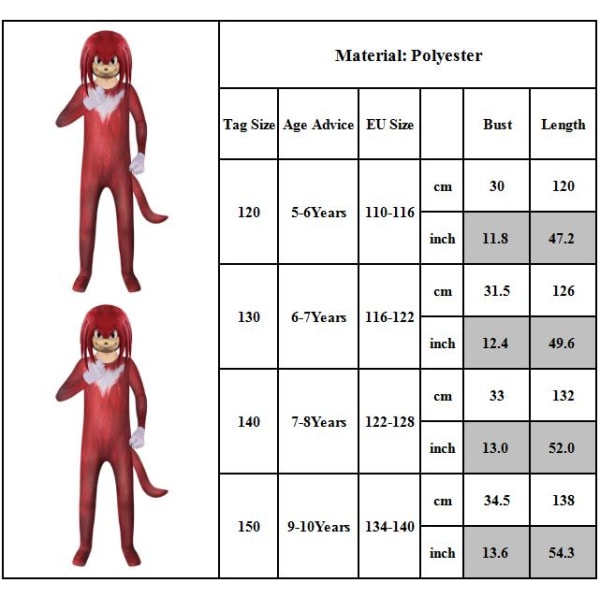 Tecknad Sonic The Hedgehog Halloween Cosplay Jumpsuits med mask 140CM