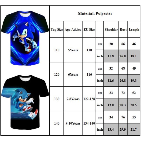 Sonic The Hedgehog T-shirt för pojkar, barn, kortärmade toppar B 140cm