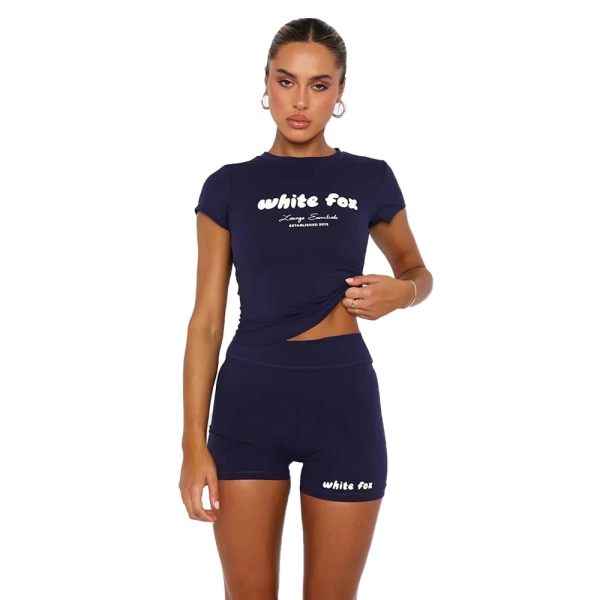 Kvinnor 2 Delar Hög Midja Yoga Sport T-shirt Shorts Träningsoveraller Atletiska Kläder Gymkläder Navy Blue M