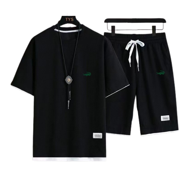Herrspårshorts Kortärmad T-shirt + Shorts Sommarsport 2 st/set Sportkläder Black M