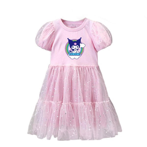 Barn Flickor Kuromi Print Princess Dress Kortärmad Tyll A-line Klänningar Kjolar Pink 110cm