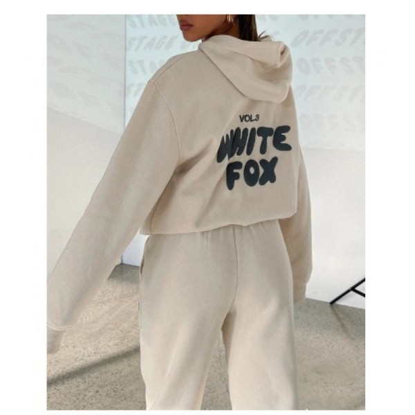 Vit Fox Print Huvtröja Hooded Trainingsuit Set Sweatshirt Träningsbyxor Dam Sport Khaki S